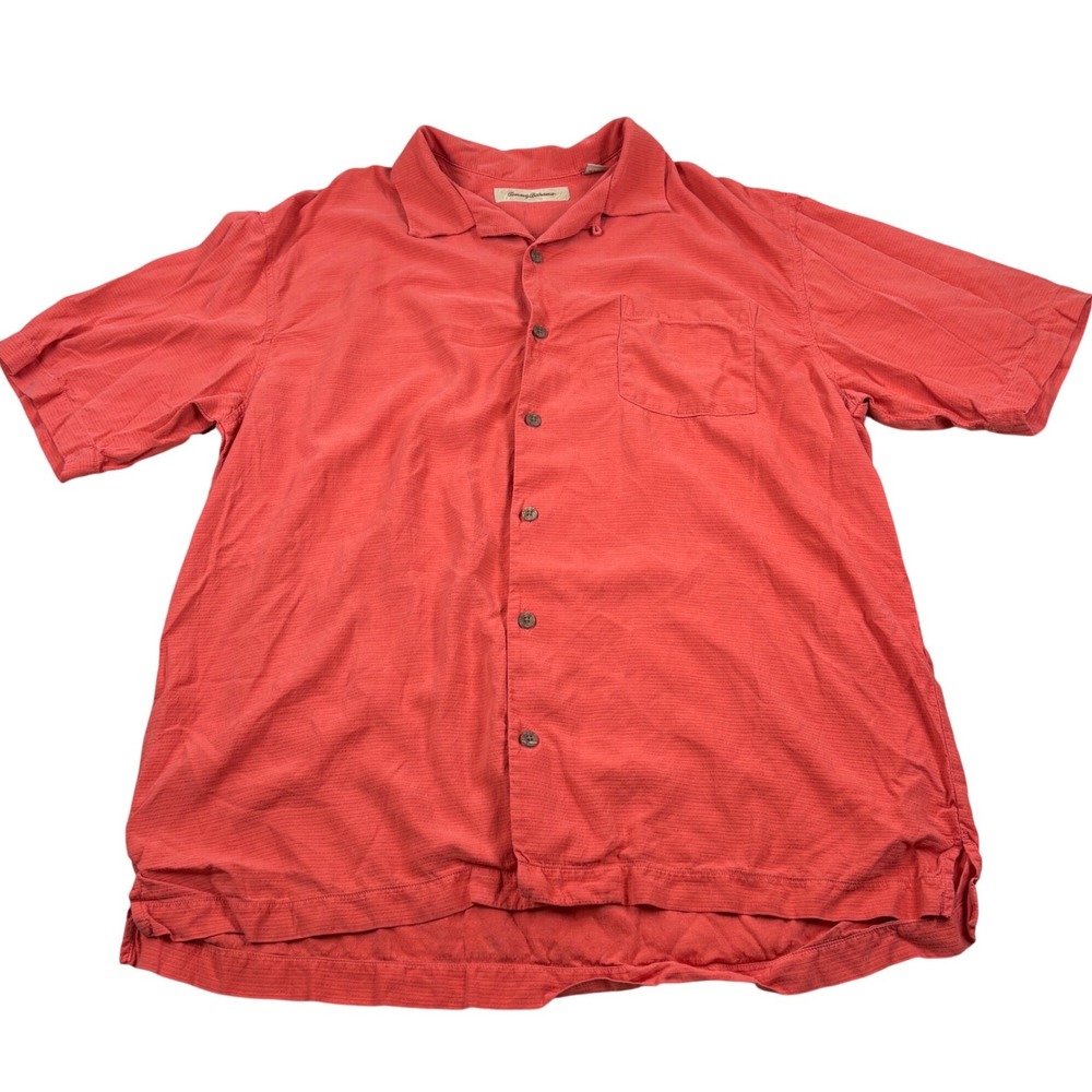 Tommy Bahama Silk Shirt‎ Mens Lar Coral Orange Red Short Sleeve Tropical Island